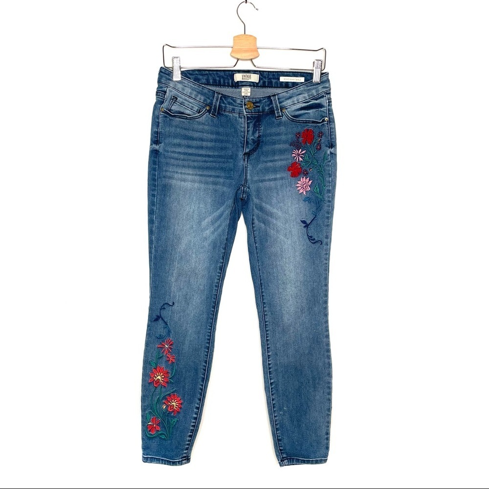 Vintage America | Floral Embroidered Boho Skinny Ankle Jeans